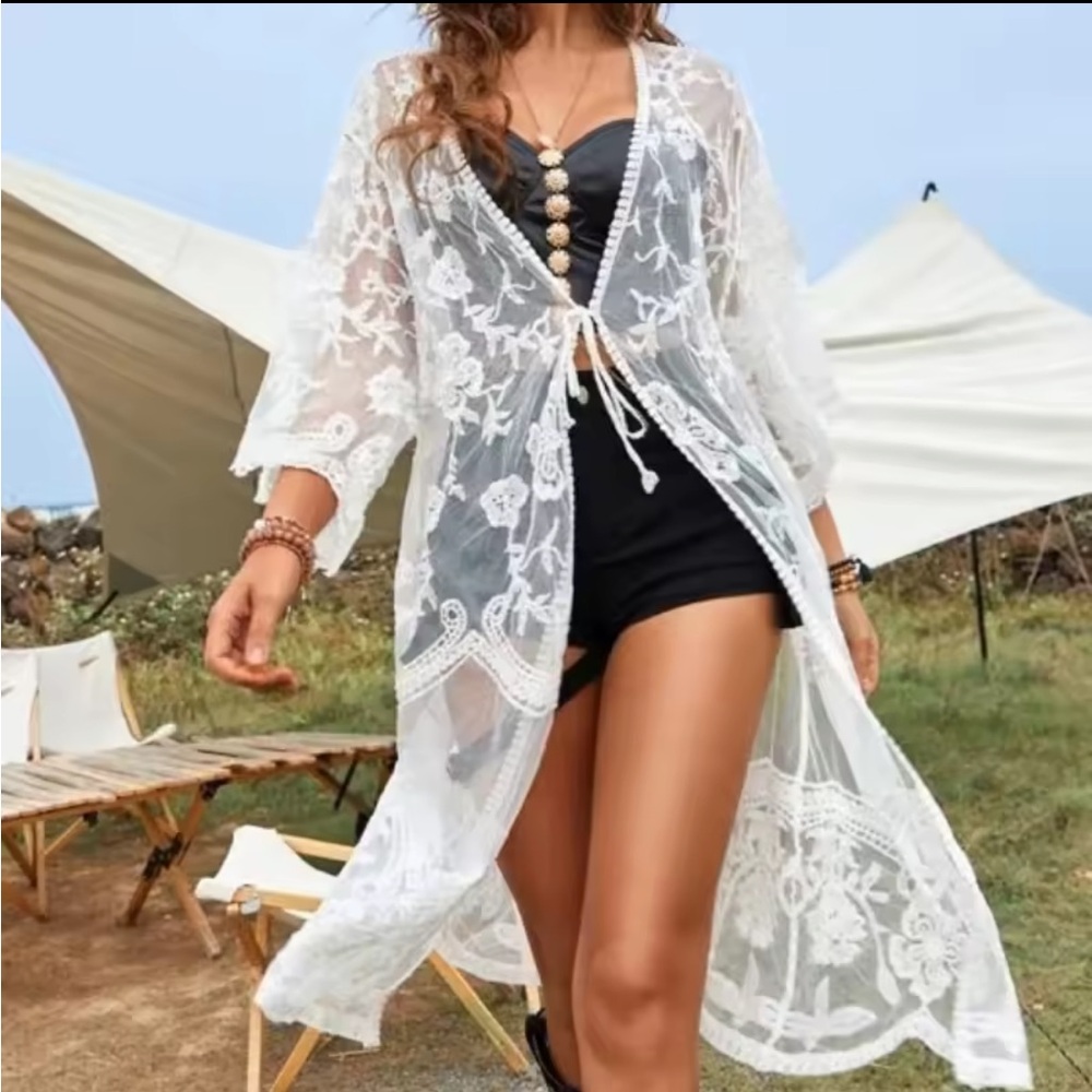 Floral lace cardigan kimono crochet embroidery  snow white beach bikini cover-up